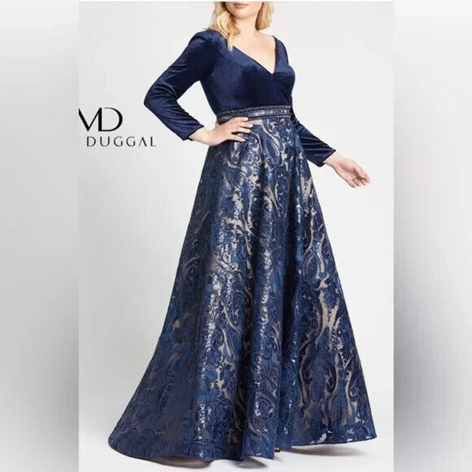 Nwt Mac Duggal 67891 Mighnight Navy Blue Velvet Lace Long Dress Plus 16w